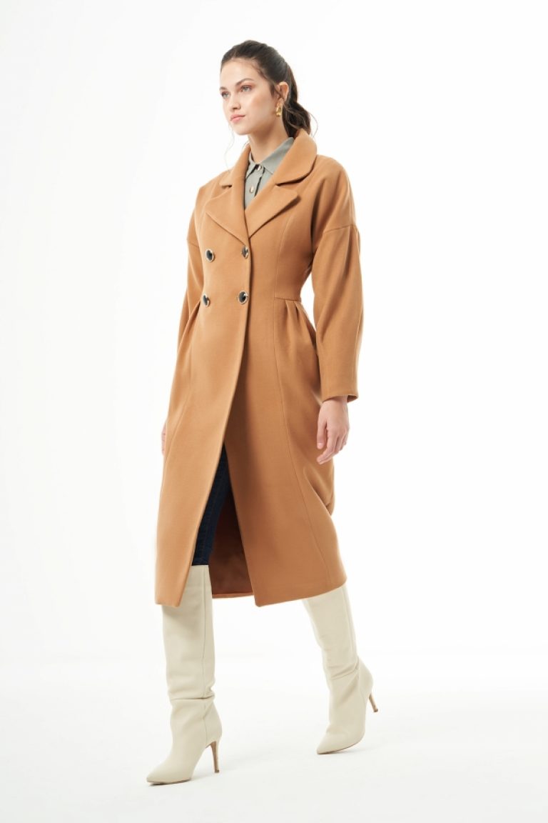 MZL Camel Bel Pilesi Detaylı Uzun Kaşe Kaban - MZL