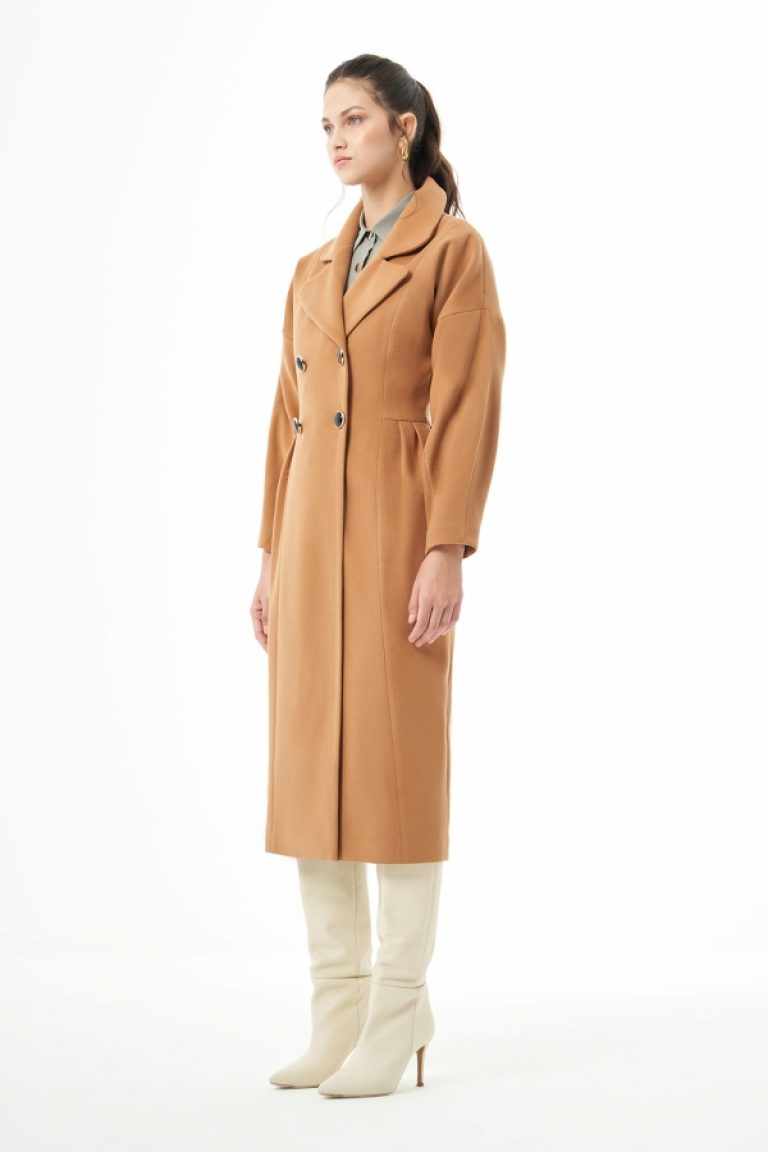 MZL Camel Bel Pilesi Detaylı Uzun Kaşe Kaban - MZL