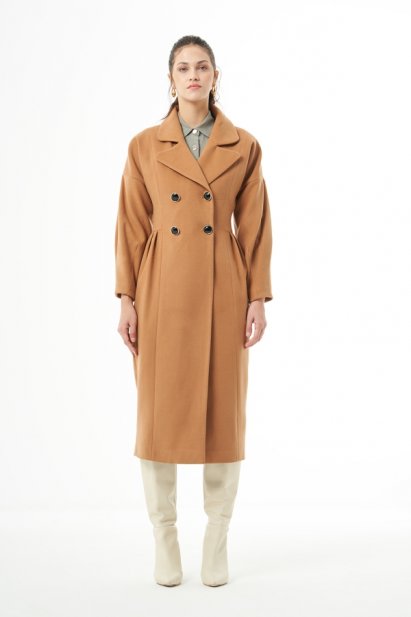 MZL Camel Bel Pilesi Detaylı Uzun Kaşe Kaban - MZL