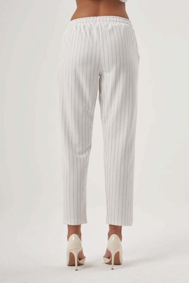 MZL Ekru Çizgili Beli Lastikli Klasik Kumaş Pantolon - MZL