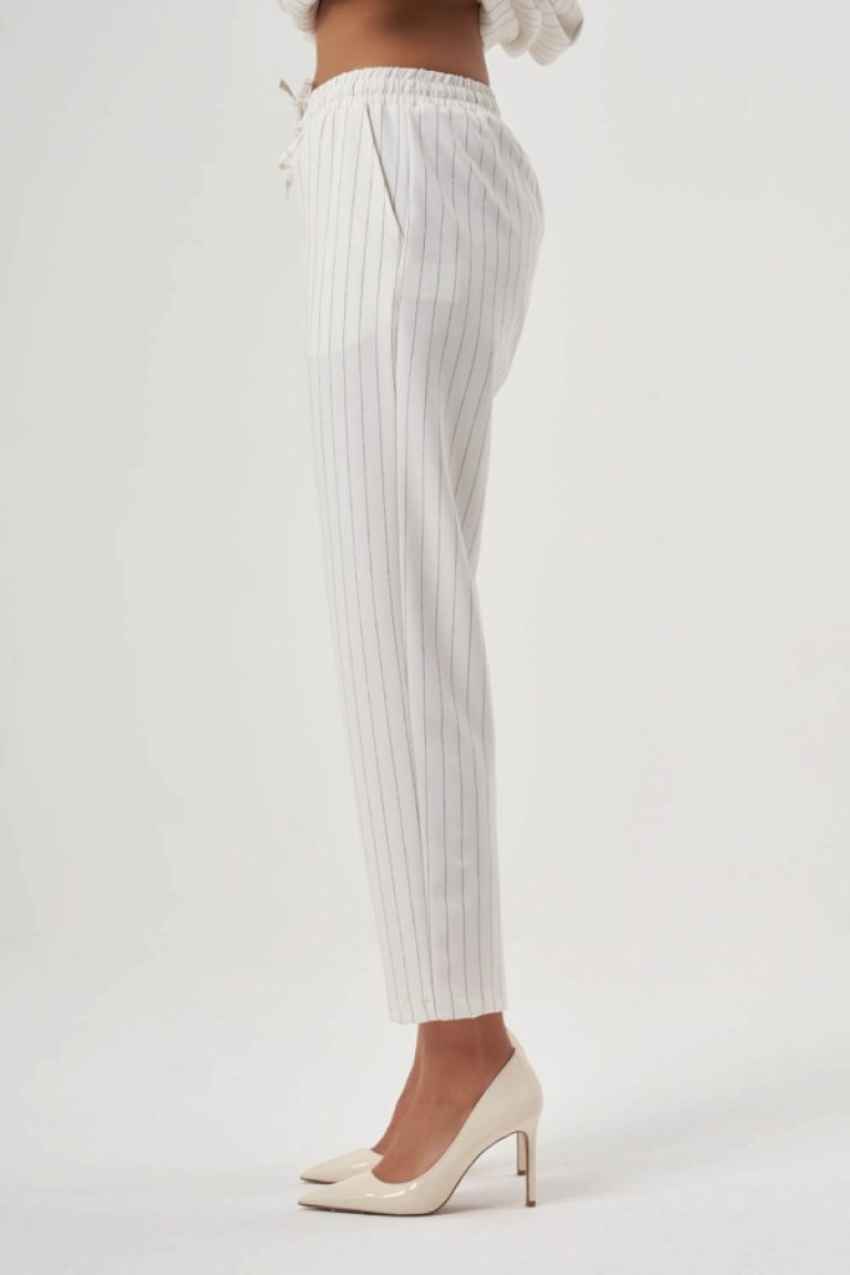 MZL Ekru Çizgili Beli Lastikli Klasik Kumaş Pantolon - MZL