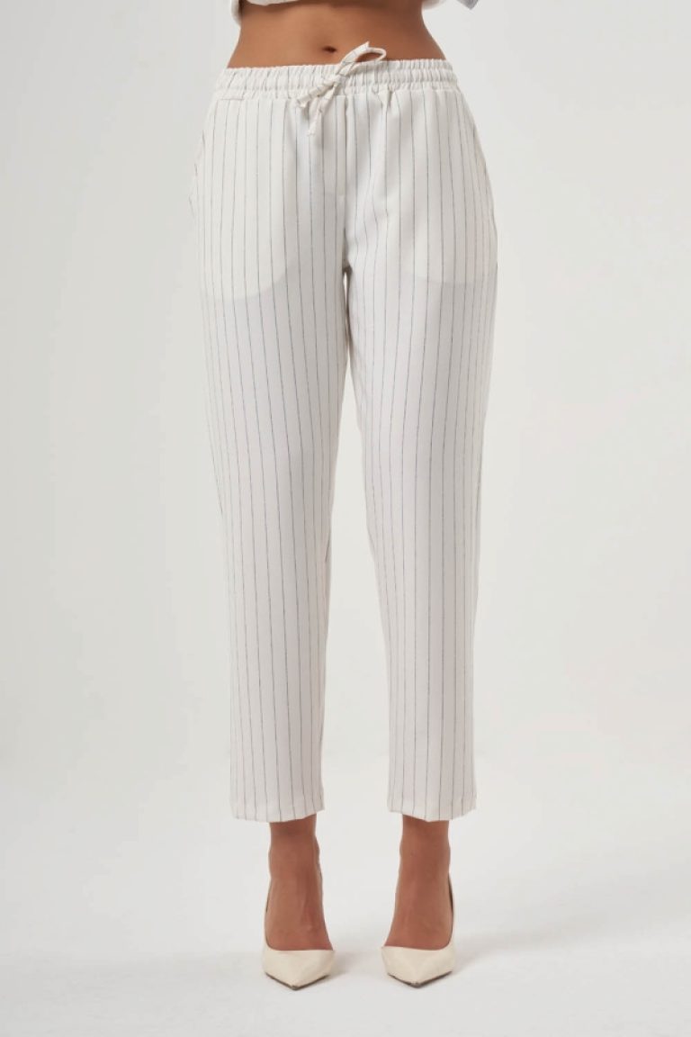MZL Ekru Çizgili Beli Lastikli Klasik Kumaş Pantolon - MZL