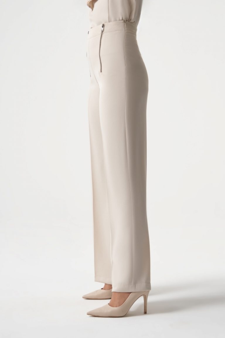 MZL Fermuar Detaylı Premium Kalite Geniş Paça Ekru Klasik Kumaş Pantolon - MZL