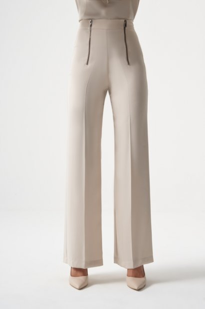 MZL Fermuar Detaylı Premium Kalite Geniş Paça Ekru Klasik Kumaş Pantolon - MZL