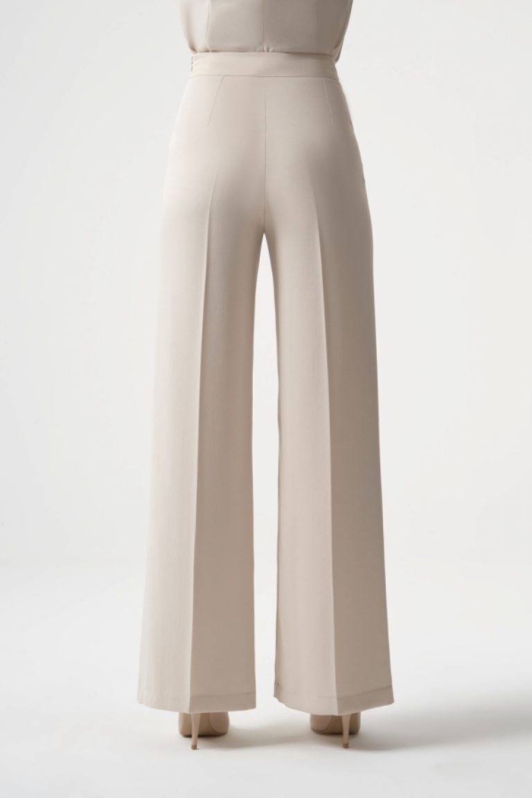 MZL Fermuar Detaylı Premium Kalite Geniş Paça Ekru Klasik Kumaş Pantolon - MZL