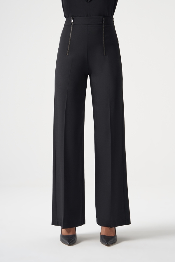 MZL Fermuar Detaylı Premium Kalite Geniş Paça Siyah Klasik Kumaş Pantolon - MZL