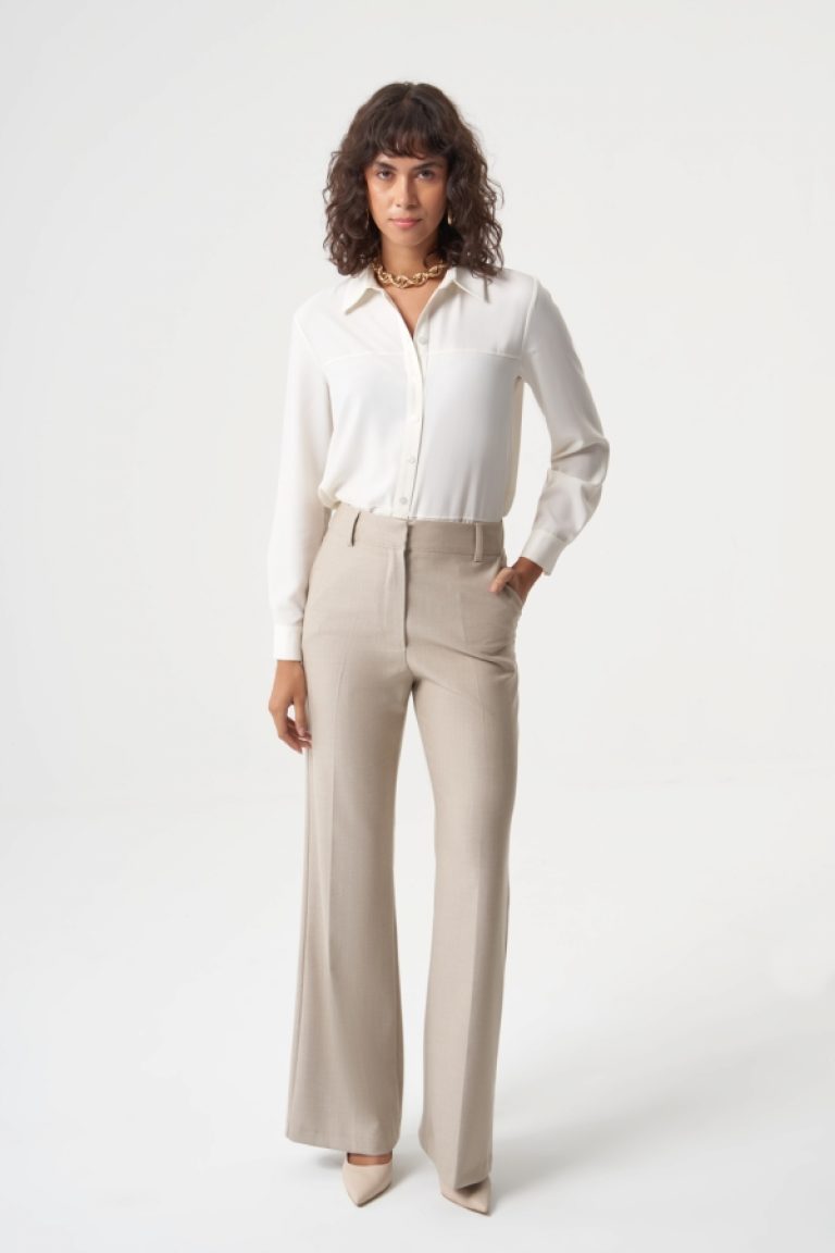 MZL Geniş Boru Paça Bej Balık sırtı Klasik Cepli Kumaş Pantolon - MZL