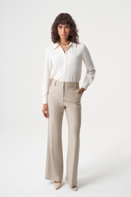 MZL - MZL Geniş Boru Paça Bej Balık sırtı Klasik Cepli Kumaş Pantolon