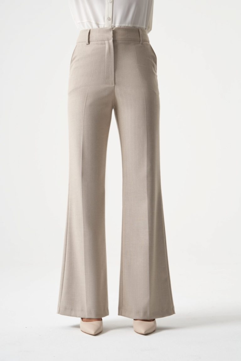 MZL Geniş Boru Paça Bej Balık sırtı Klasik Cepli Kumaş Pantolon - MZL