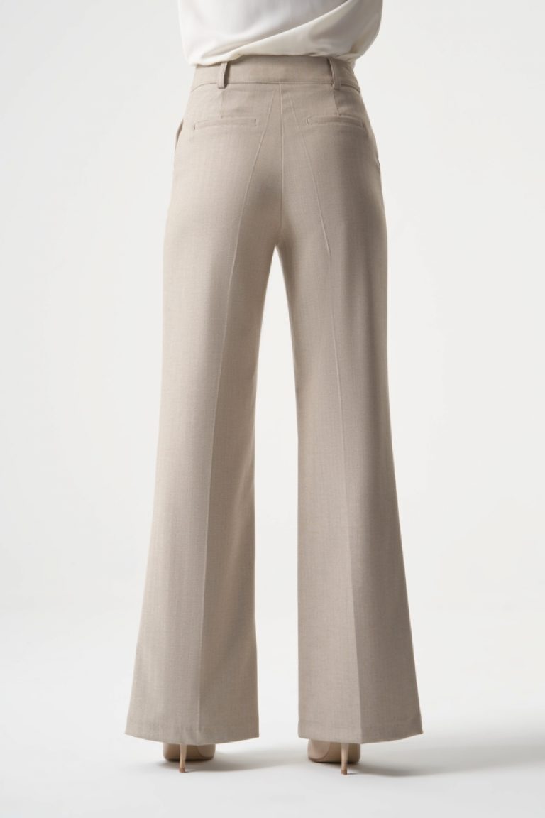 MZL Geniş Boru Paça Bej Balık sırtı Klasik Cepli Kumaş Pantolon - MZL