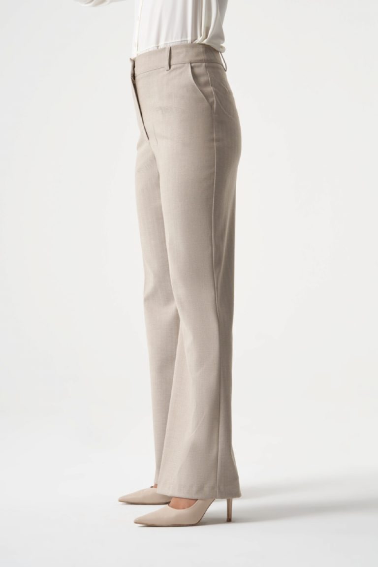 MZL Geniş Boru Paça Bej Balık sırtı Klasik Cepli Kumaş Pantolon - MZL