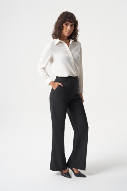 MZL - MZL Geniş Boru Paça Siyah Balık sırtı Klasik Cepli Kumaş Pantolon MZL - MZL Geniş Boru Paça Siyah Balık sırtı Klasik Cepli Kumaş Pantolon