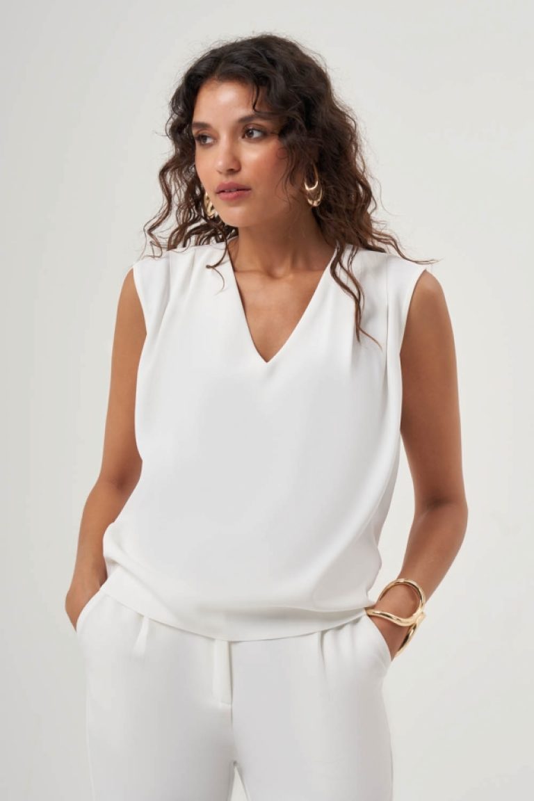 MZL Omzu Büzgülü V Yaka Ekru Kolsuz Bluz - MZL