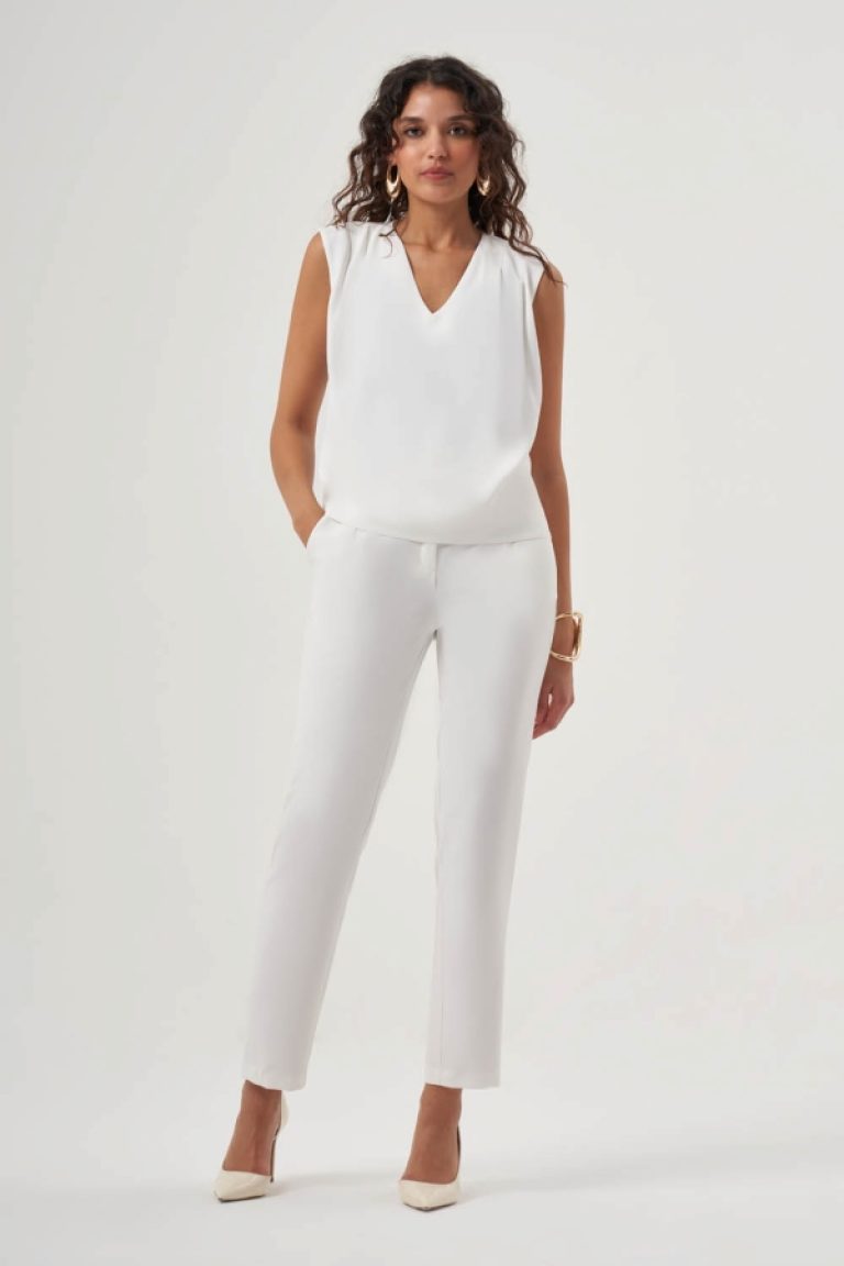 MZL Omzu Büzgülü V Yaka Ekru Kolsuz Bluz - MZL