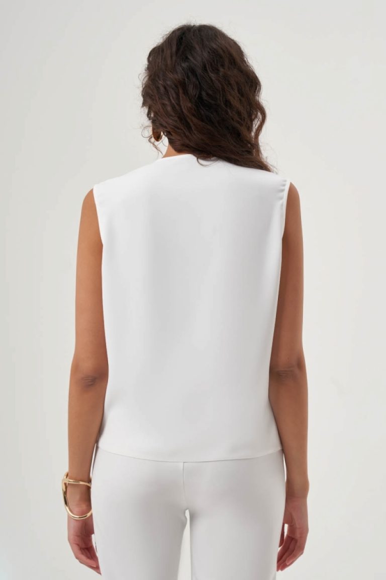 MZL Omzu Büzgülü V Yaka Ekru Kolsuz Bluz - MZL