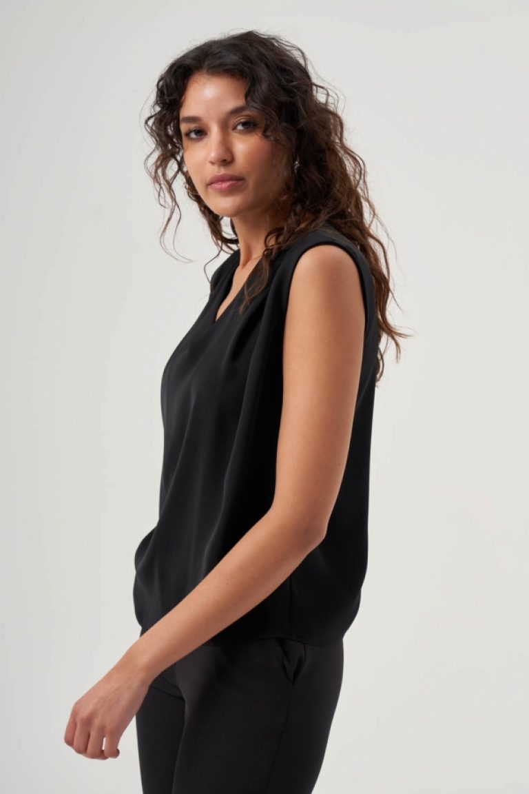 MZL Omzu Büzgülü V Yaka Ekru Kolsuz Bluz - MZL