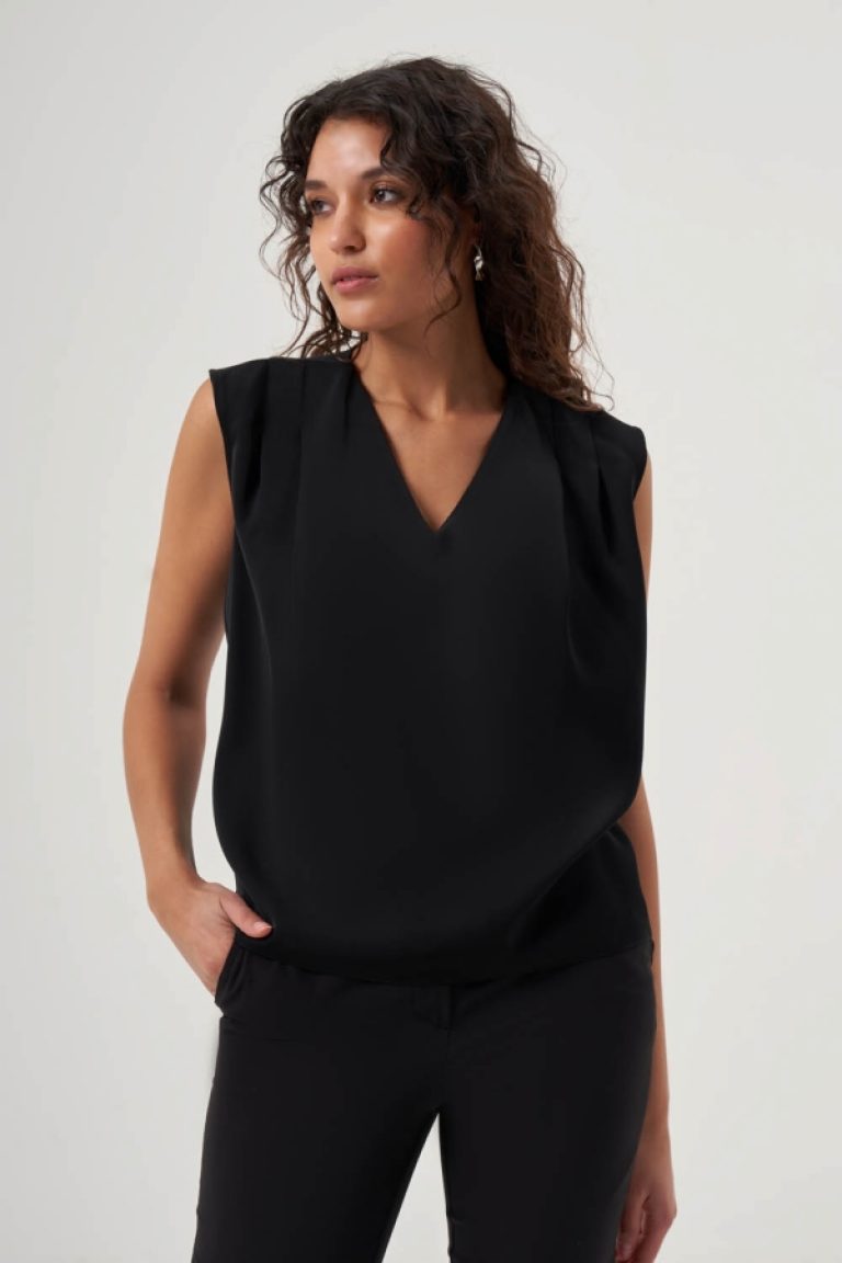 MZL Omzu Büzgülü V Yaka Ekru Kolsuz Bluz - MZL