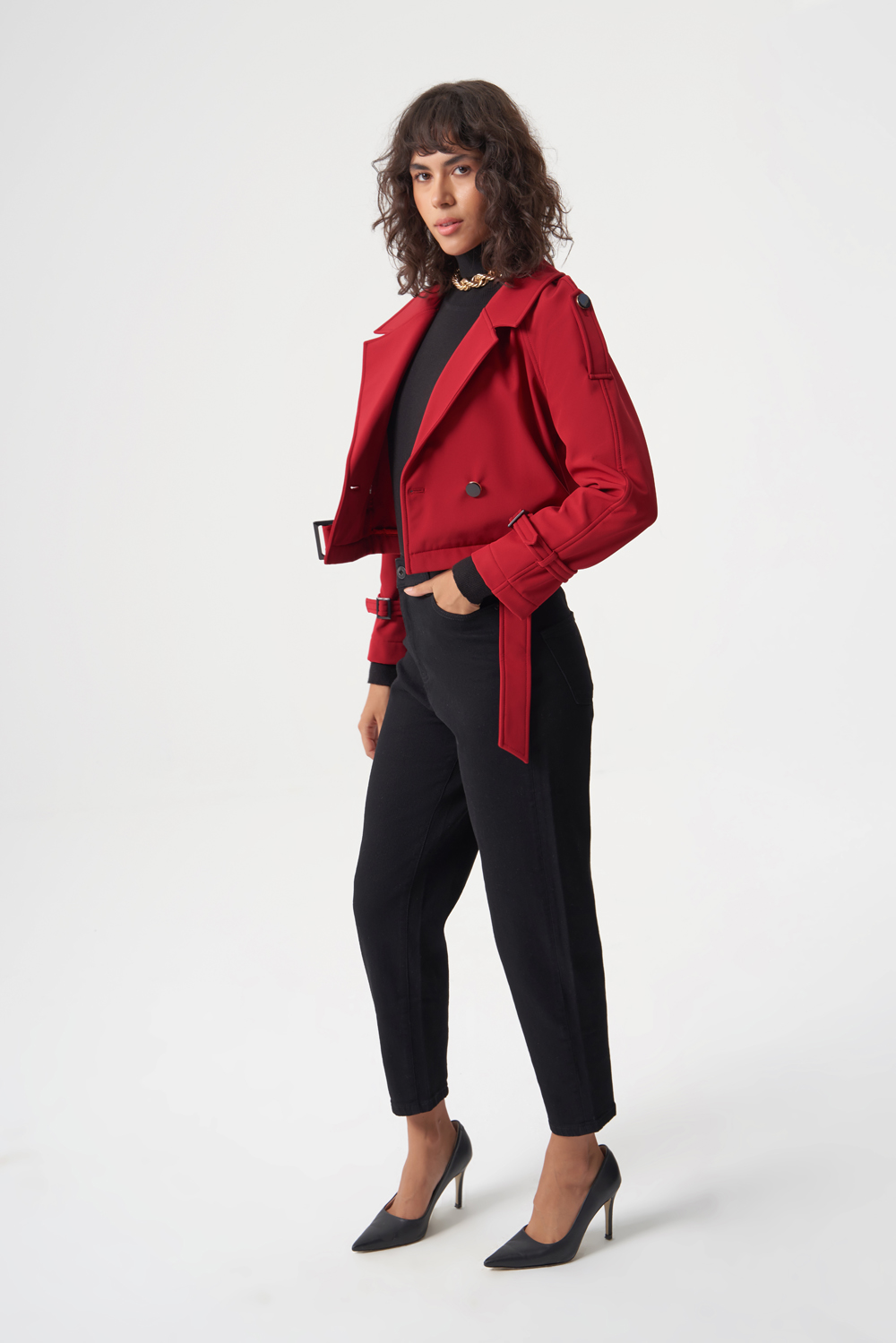 MZL Premium Kaşe Kemerli Kırmızı Kısa Mont - MZL