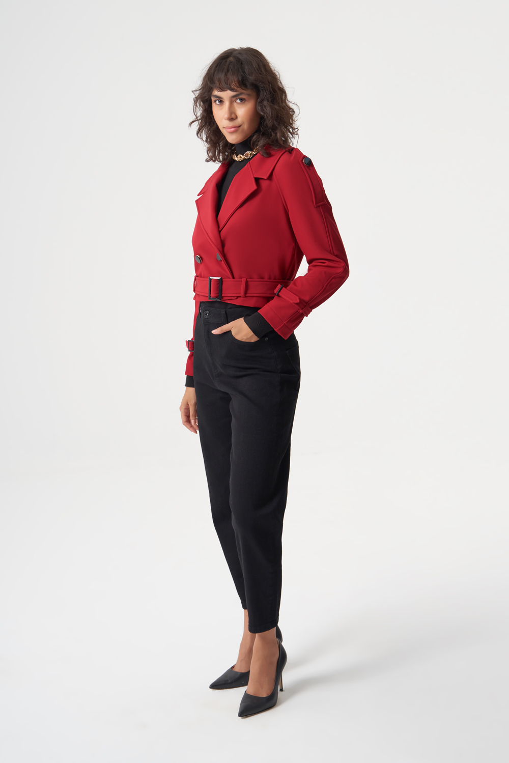 MZL Premium Kaşe Kemerli Kırmızı Kısa Mont - MZL