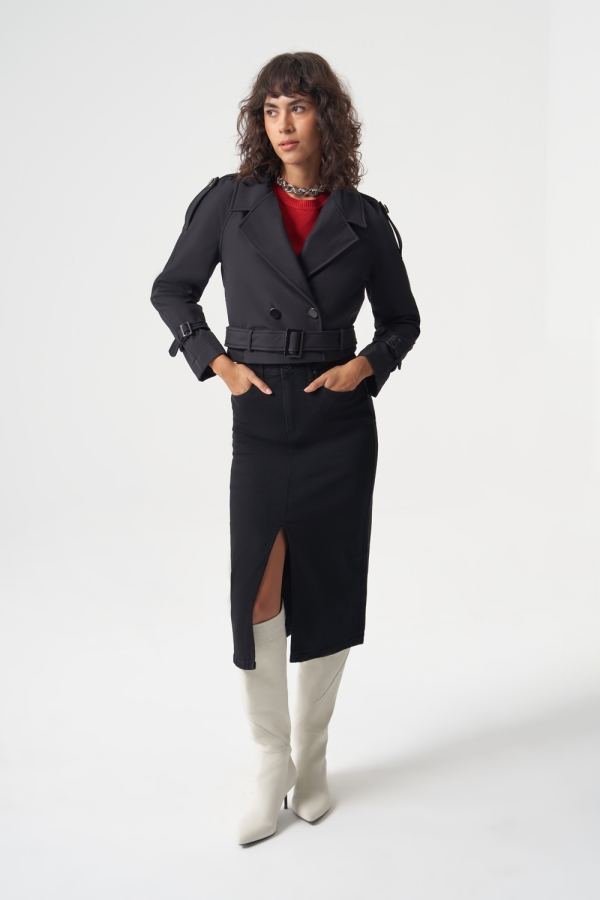 MZL Premium Kaşe Kemerli Siyah Kısa Mont - 2