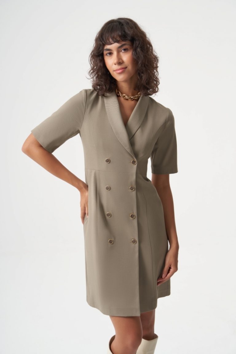 MZL Premium Yün Karışımlı Klasik Düğmeli Vizon rengi Elbise - MZL