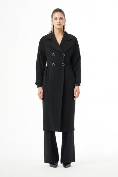 MZL Siyah Bel Pilesi Detaylı Uzun Kaşe Kaban - MZL