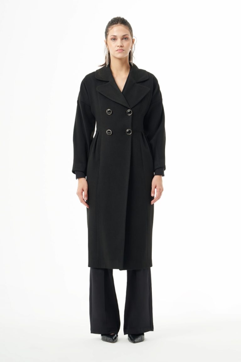 MZL Siyah Bel Pilesi Detaylı Uzun Kaşe Kaban - MZL