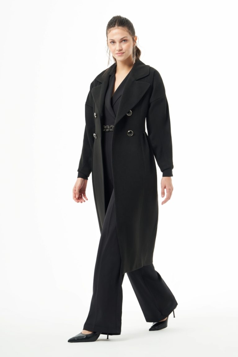 MZL Siyah Bel Pilesi Detaylı Uzun Kaşe Kaban - MZL