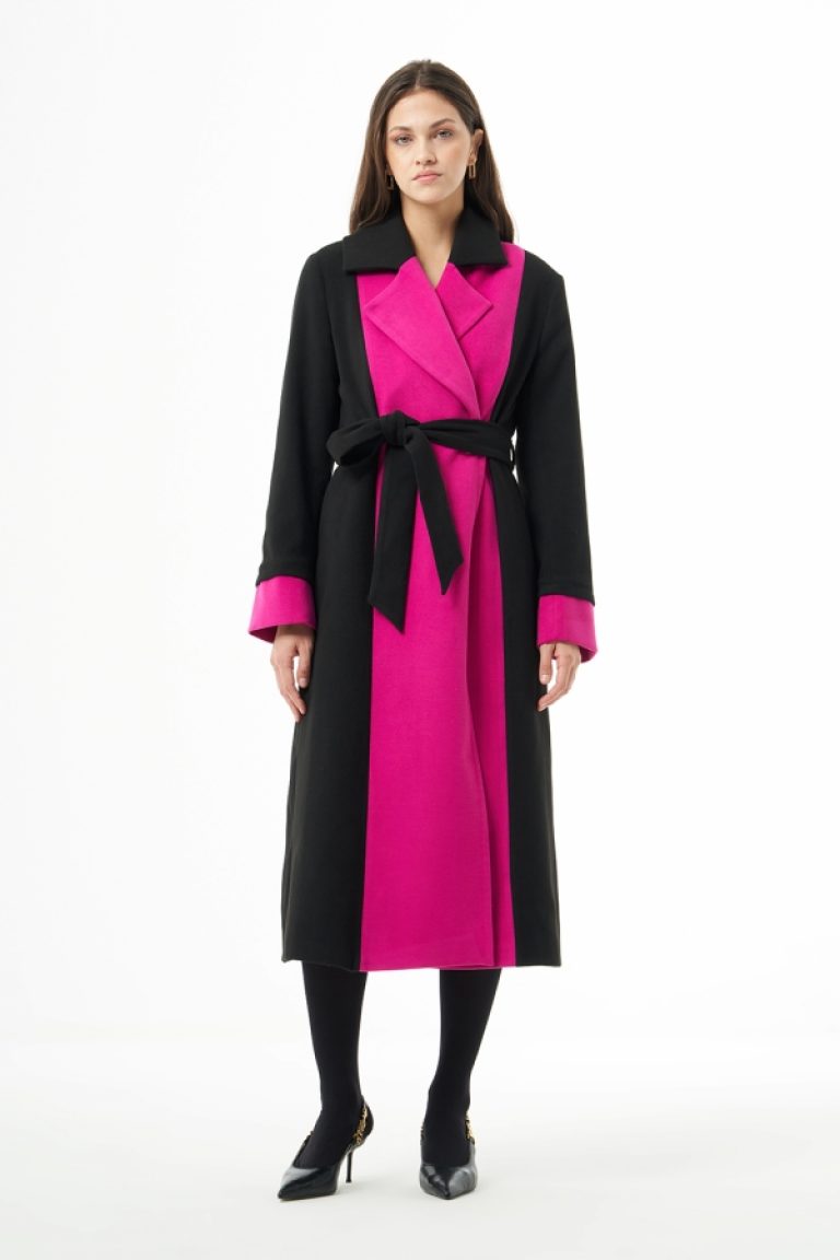 MZL Siyah Fuşya Renk Bloklu Erkek Yaka Uzun Kaşe Kaban - MZL