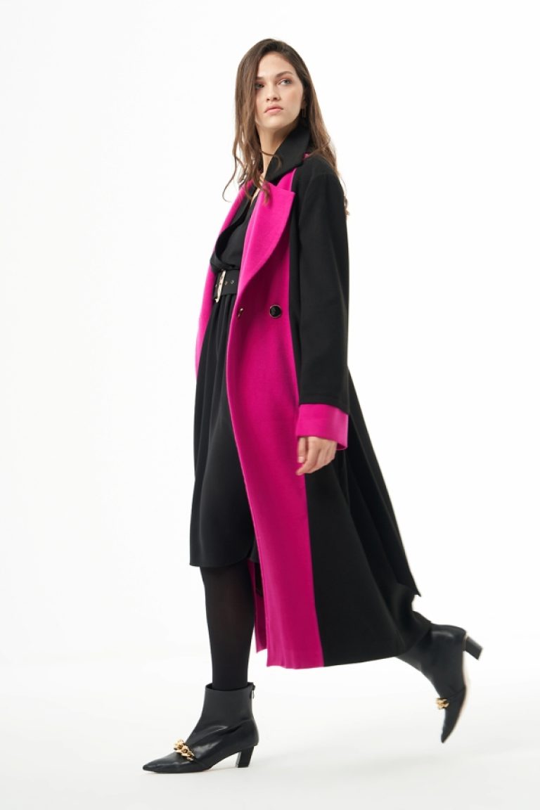 MZL Siyah Fuşya Renk Bloklu Erkek Yaka Uzun Kaşe Kaban - MZL