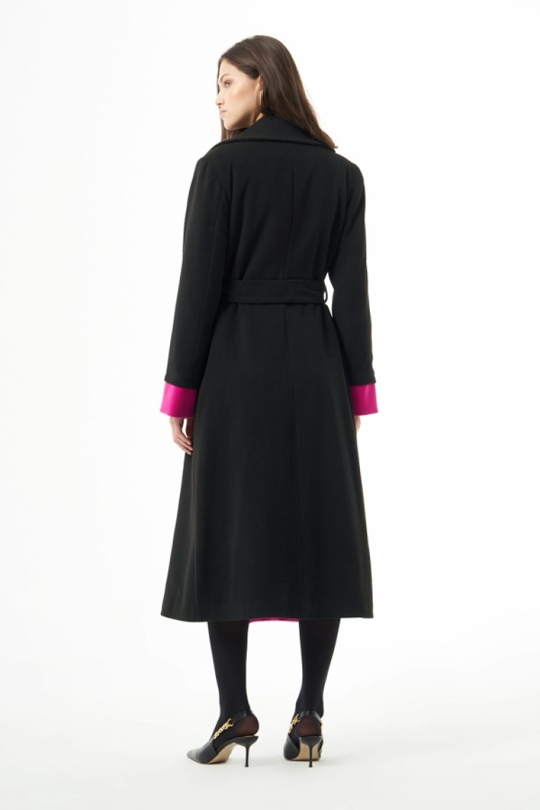 MZL Siyah Fuşya Renk Bloklu Erkek Yaka Uzun Kaşe Kaban - MZL