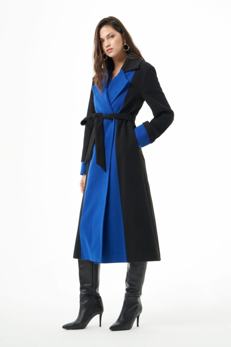 MZL Siyah Mavi Renk Bloklu Erkek Yaka Uzun Kaşe Kaban - MZL