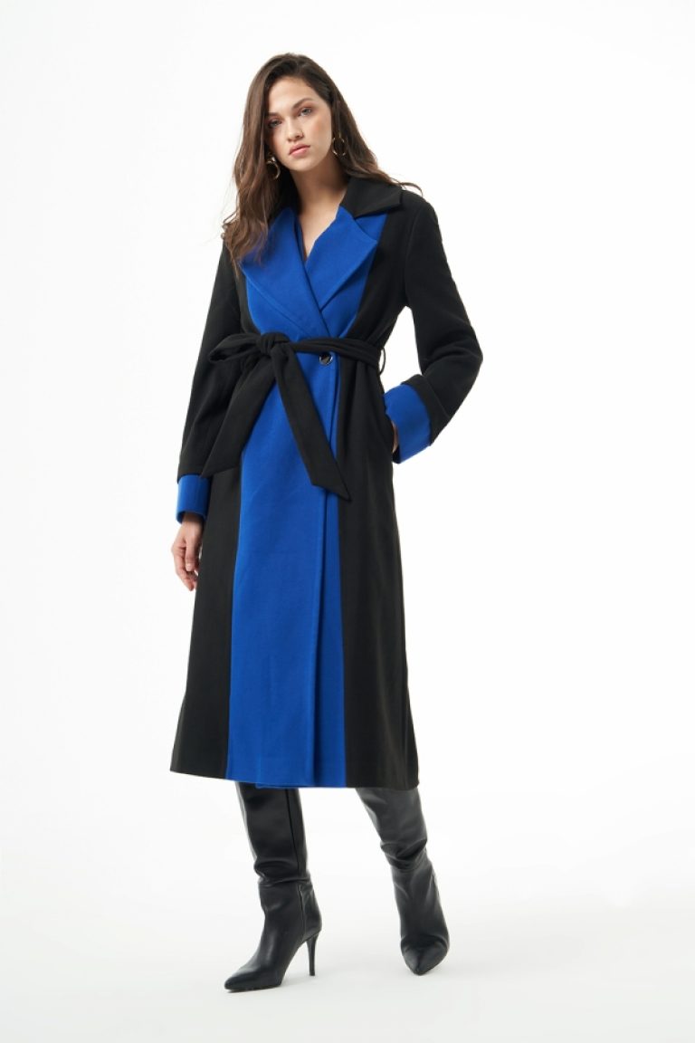 MZL Siyah Mavi Renk Bloklu Erkek Yaka Uzun Kaşe Kaban - MZL