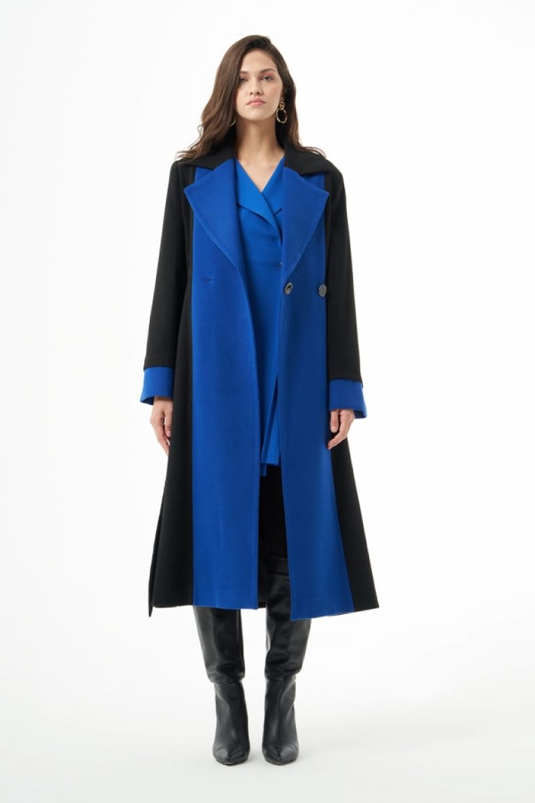 MZL Siyah Mavi Renk Bloklu Erkek Yaka Uzun Kaşe Kaban - MZL