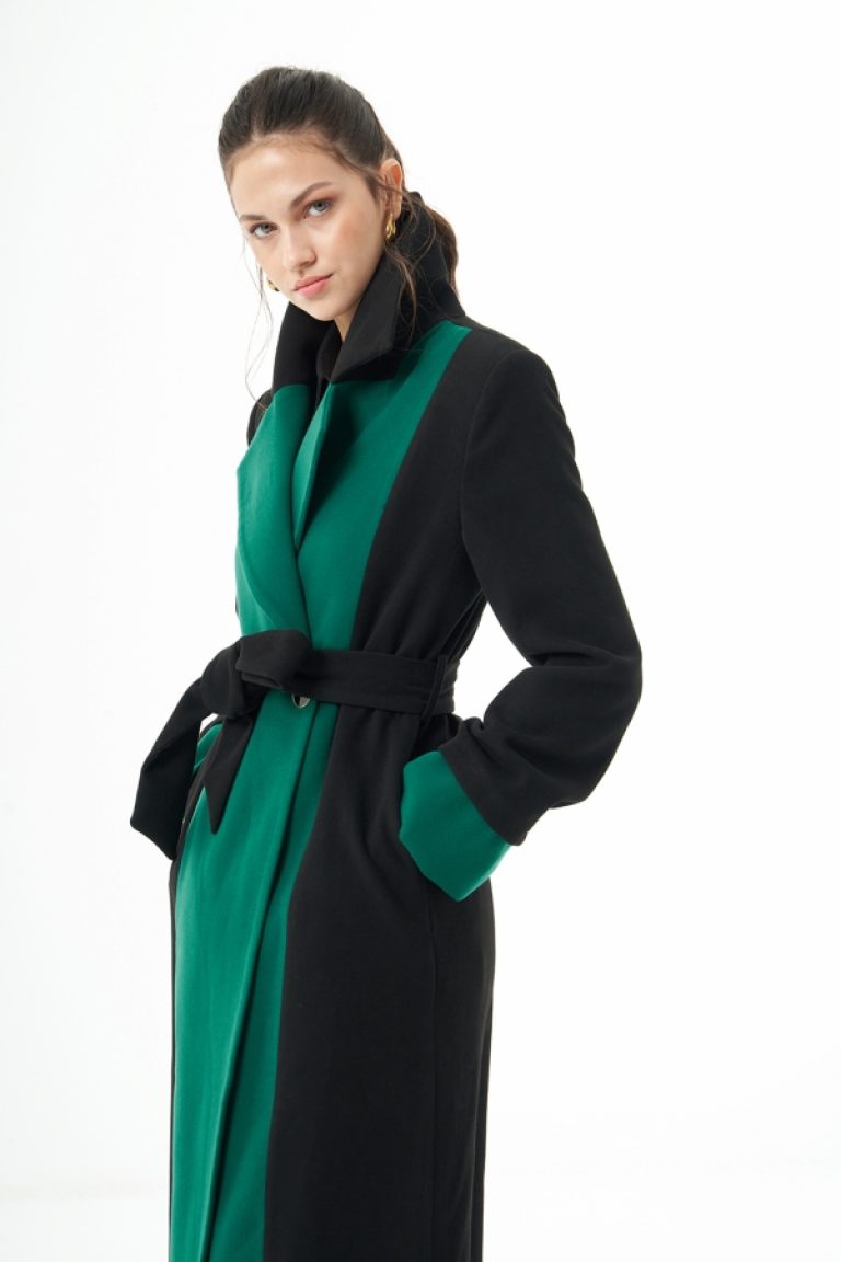 MZL Siyah Yeşil Renk Bloklu Erkek Yaka Uzun Kaşe Kaban - MZL