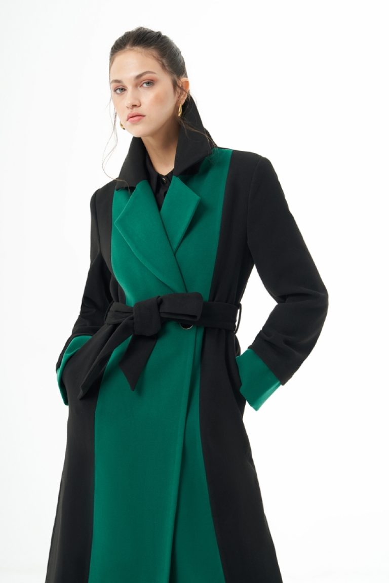 MZL Siyah Yeşil Renk Bloklu Erkek Yaka Uzun Kaşe Kaban - MZL