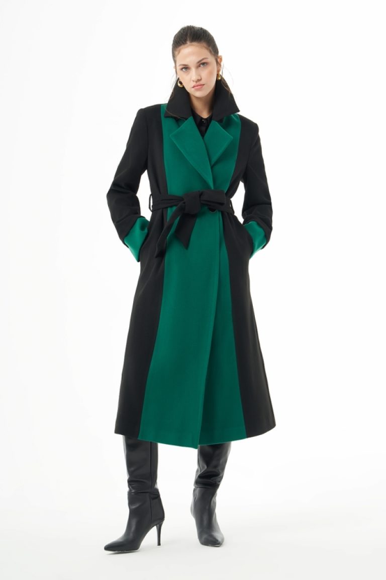 MZL Siyah Yeşil Renk Bloklu Erkek Yaka Uzun Kaşe Kaban - MZL