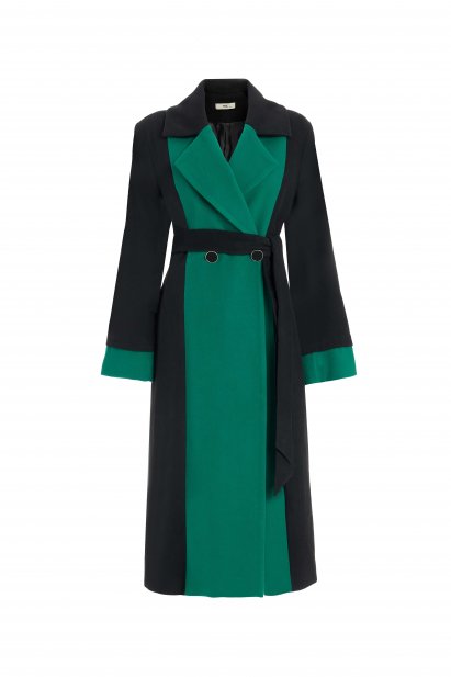 MZL Siyah Yeşil Renk Bloklu Erkek Yaka Uzun Kaşe Kaban - MZL