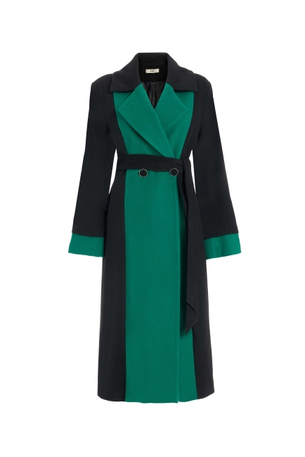 MZL - MZL Siyah Yeşil Renk Bloklu Erkek Yaka Uzun Kaşe Kaban 