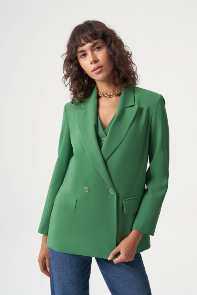 MZL Yeşil Yün Karışımlı Rahat Kesim Tek Düğme Anvelop Blazer Ceket - MZL