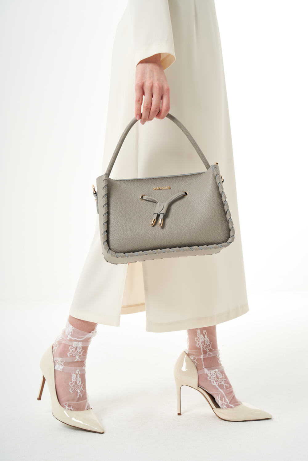 Mizalle Dikiş Detaylı Uzun Saplı Gri Deri Günlük Çanta