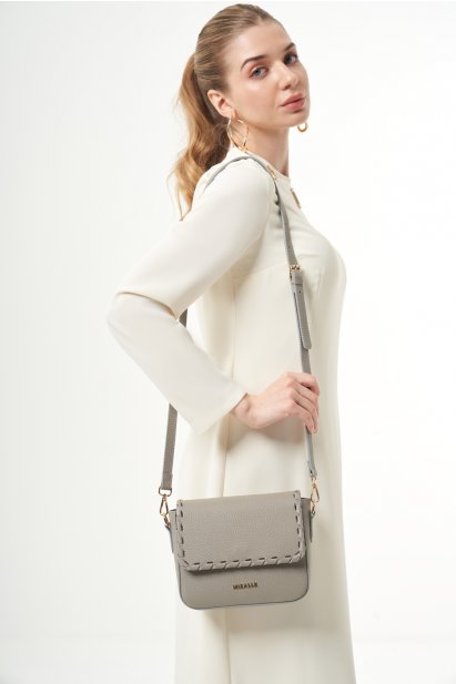 Mizalle Dikiş Detaylı Uzun Saplı Gri Küçük Omuz Çantası - Mizalle