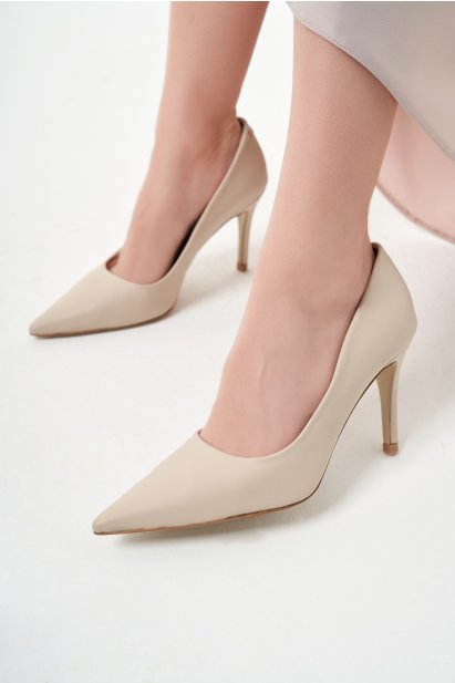 Mizalle Bej Rengi Deri Stiletto - Mizalle