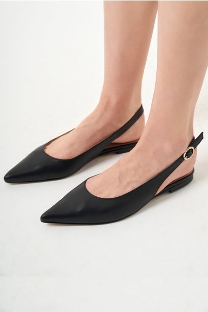 Mizalle Sivri Burunlu Arkası Açık Siyah Deri Babet - Mizalle