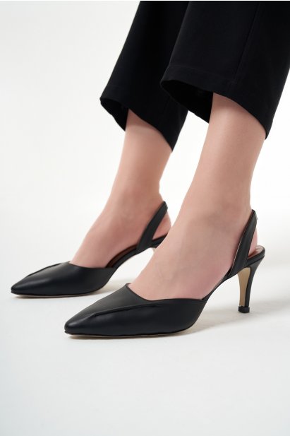 Mizalle Hakiki Deri Tasarım Topuklu Siyah Ayakkabı - Mizalle