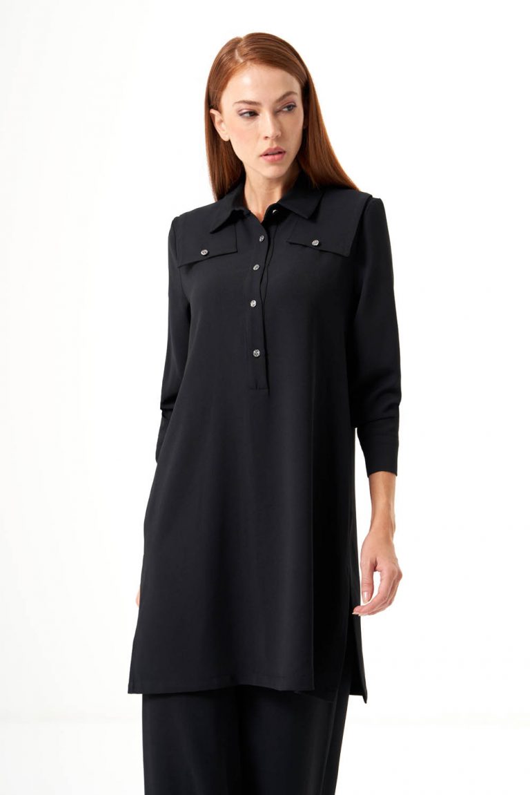 Mizalle Omuz Apoletli Siyah İnce Krep Tunik - Mizalle