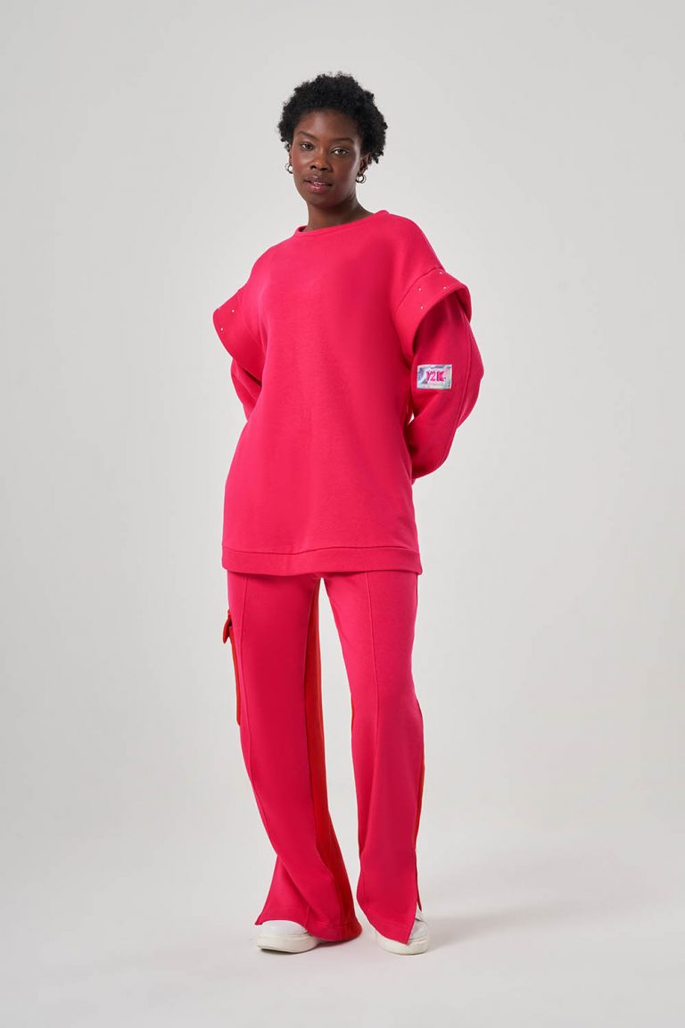 Mizalle Kolları Taş İşli Fuşya Sweatshirt - Mizalle