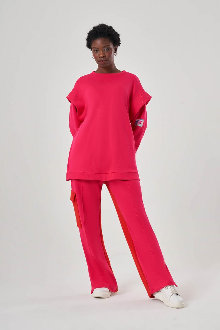 Mizalle Kolları Taş İşli Fuşya Sweatshirt - Mizalle
