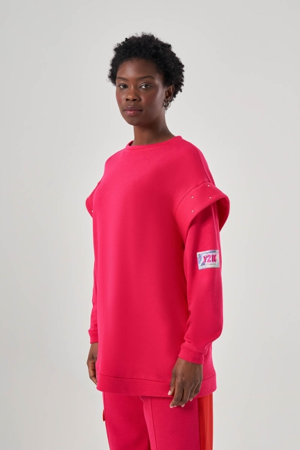 Mizalle - Mizalle Kolları Taş İşli Fuşya Sweatshirt Mizalle - Mizalle Kolları Taş İşli Fuşya Sweatshirt