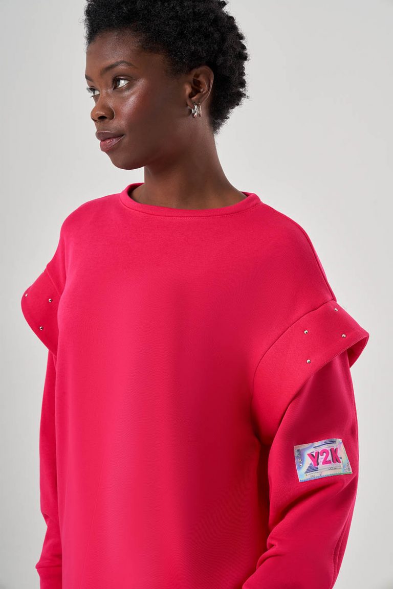Mizalle Kolları Taş İşli Fuşya Sweatshirt - Mizalle